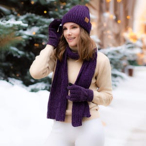 Ensemble Bonnet écharpe Gant Femme - 3 Pièces Uni, Chaud Jusqu'à -25°C, Taille Unique Extensible