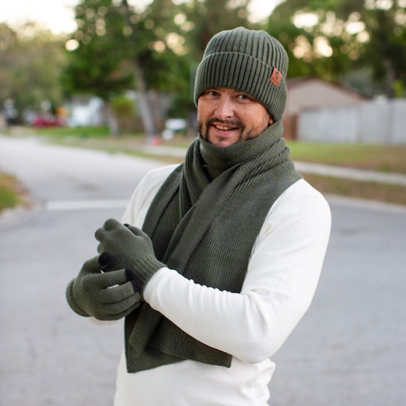 Mens Winter Knit Hat Beanie Long Neck Scarf Touchscreen Gloves Set Skull With Fleece Lined Handmade Knitted Beanie Handmade in USA Etsy