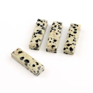 Op de afbeelding: Vier rechthoekige dalmatijnse jaspisstenen, elk met een uniek patroon van zwarte en witte vlekken. De stenen zijn glad en gepolijst en zijn in een rij op een witte achtergrond gerangschikt.