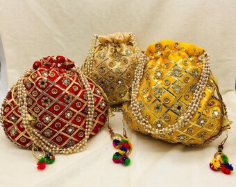 50 Pcs Traditional Indian mirror work Potli bag, Handmade mirror work potli ,Indian Wedding Favors, Return Gift, Mehendi Sagan Favors