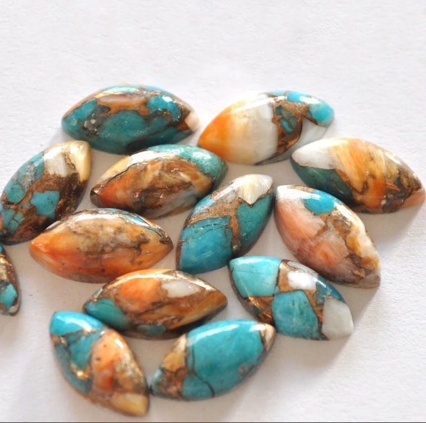 Buy Spiny Oyster Copper Turquoise 8x16mm Marquise Shape Flatback Cabochon Gemstones for Jewelry Making, Multicolor Oyster Copper Turquoise
