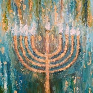Golden Menorah Art, Festival of Lights, Hanukkah, Chanukah Art, 9 Light Menorah Paintiing, Israel is Forever, Jewish Decor, Religious Art image 1