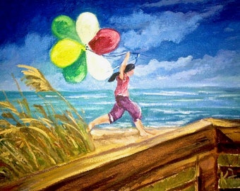 Hobe Sound Oil Print; Beach Art; Woman Running on Beach Holding Balloons; Seaside Wall Decor; Beach Art; Summer Beach Print; Balloons Beach
