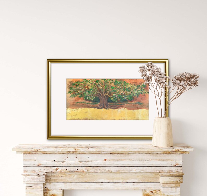 Oil Painting Tree with Gold Leaf, Large Tree by River, Brown Orange Green and Gold Wall Decor, Unique Art, Vibrant, Eye Catching Piece image 3