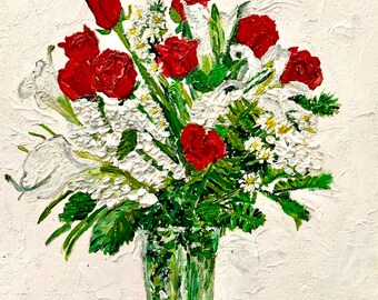 Red Rose and White Lily Floral Painting; Painting of Floral Arrangement in Vase; Flower Arrangement with White Background in Vase