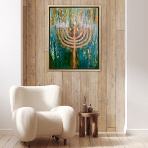 Golden Menorah Art, Festival of Lights, Hanukkah, Chanukah Art, 9 Light Menorah Paintiing, Israel is Forever, Jewish Decor, Religious Art image 5