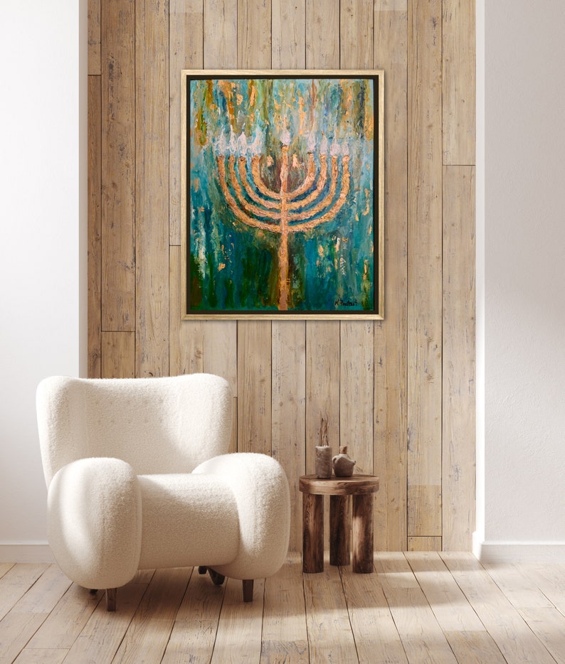Golden Menorah Art, Festival of Lights, Hanukkah, Chanukah Art, 9 Light Menorah Paintiing, Israel is Forever, Jewish Decor, Religious Art image 5