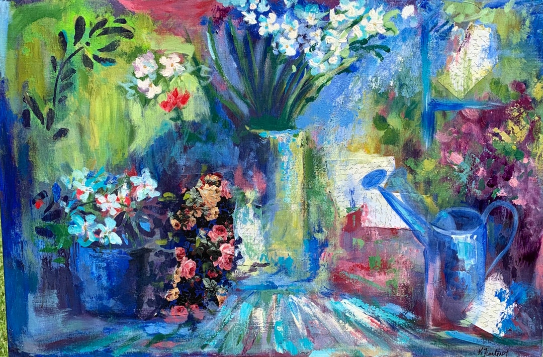Multimedia Painting, Wall Decor, Flowers in Vase, Floral Painting With