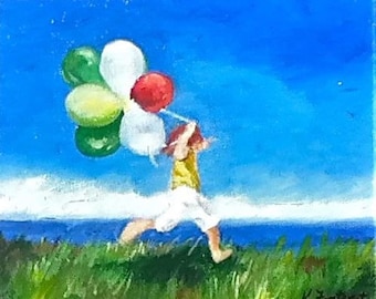 Joyful girl with balloons on beach; seaside print; Girl at Beach; Redhead with Balloons; Playing outside; Summertime art; Fun Childrens Art