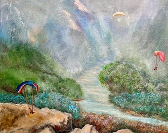 True Original Oil Painting; Cliffs and Mountains; Valley Art; Paragliders Art; Fog Lifting at Daybreak; Original Wall Decor; Collectors Item