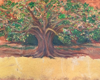 Oil Painting Tree with Gold Leaf, Large Tree by River, Brown Orange Green and Gold Wall Decor, Unique Art, Vibrant, Eye Catching Piece