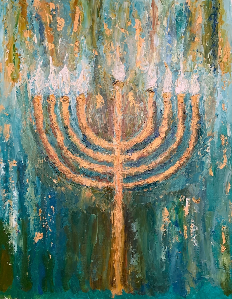 Golden Menorah Art, Festival of Lights, Hanukkah, Chanukah Art, 9 Light Menorah Paintiing, Israel is Forever, Jewish Decor, Religious Art image 1