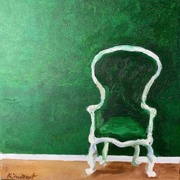 Green chair against green wall painting, acrylic painting, green wall decor, Green on Green Art, Velvet Green Chair, Green chair white trim