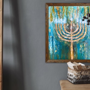 Golden Menorah Art, Festival of Lights, Hanukkah, Chanukah Art, 9 Light Menorah Paintiing, Israel is Forever, Jewish Decor, Religious Art image 3