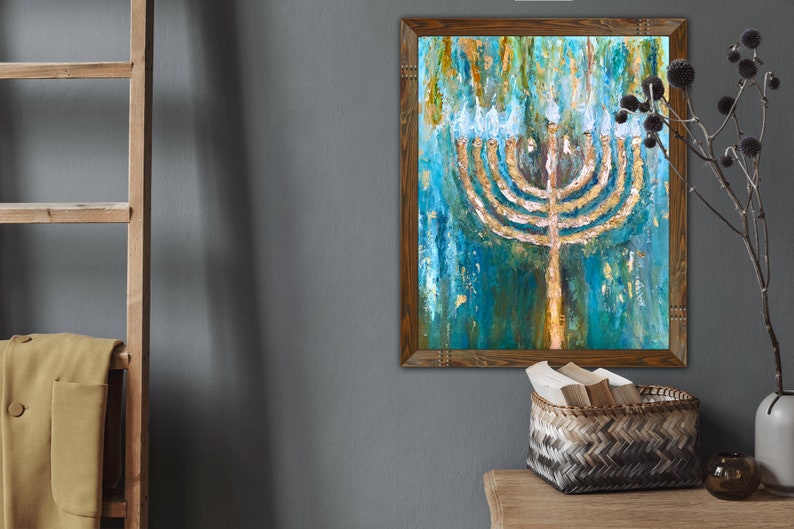 Golden Menorah Art, Festival of Lights, Hanukkah, Chanukah Art, 9 Light Menorah Paintiing, Israel is Forever, Jewish Decor, Religious Art image 3