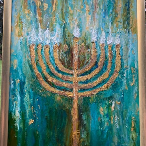 Golden Menorah Art, Festival of Lights, Hanukkah, Chanukah Art, 9 Light Menorah Paintiing, Israel is Forever, Jewish Decor, Religious Art image 4