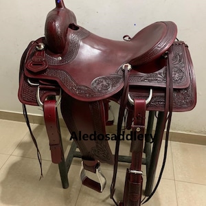 Western Mahogany Leather Hand carved Ranch Cutter Saddle By Aledosaddlery