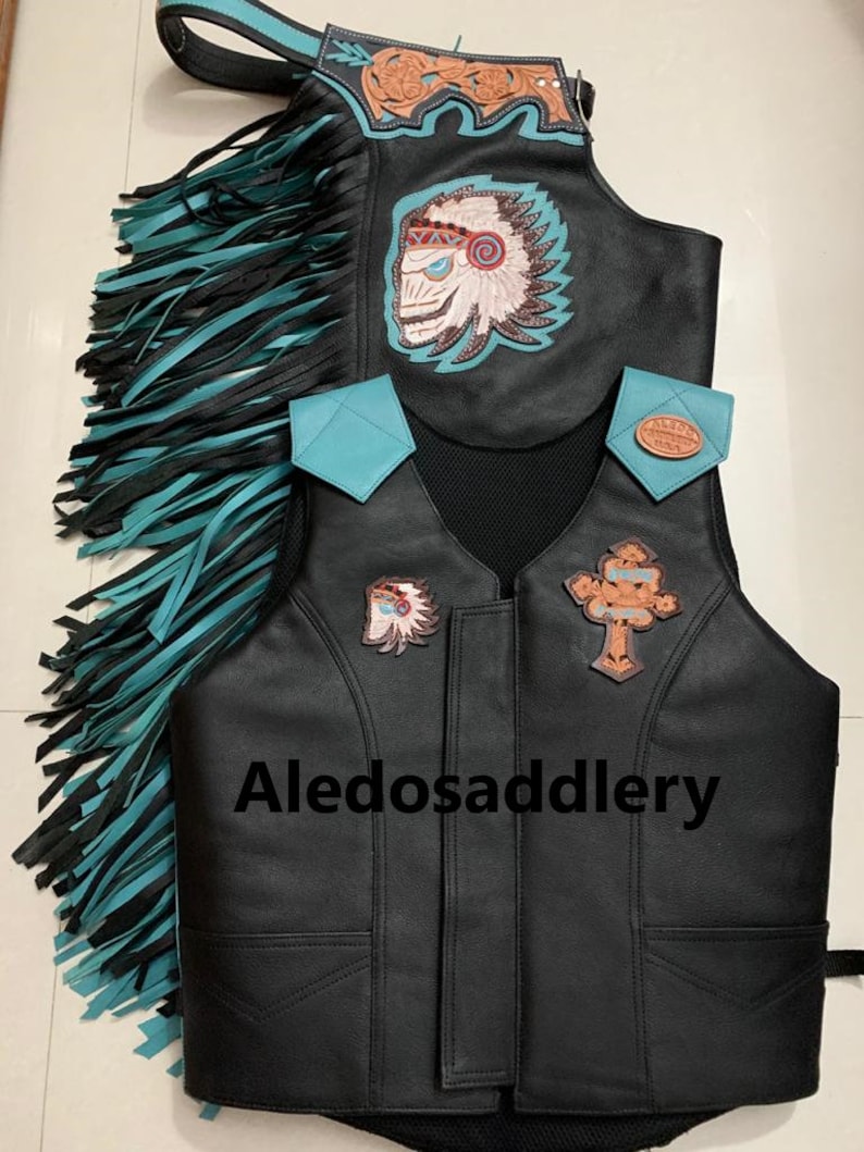 Western Black Top Grain Leather Bull Riding Rodeo Chap With Matching ...