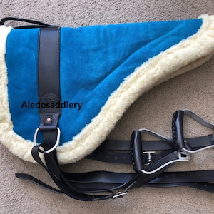 Western Blue Suede Leather Bareback Saddle pad with Leather Stirrups Leather & Aluminum Stirrups