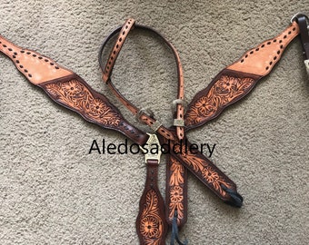 Western Two Tone Hand Carved Tack Set bestehend aus Kopfstück und Brustkragen