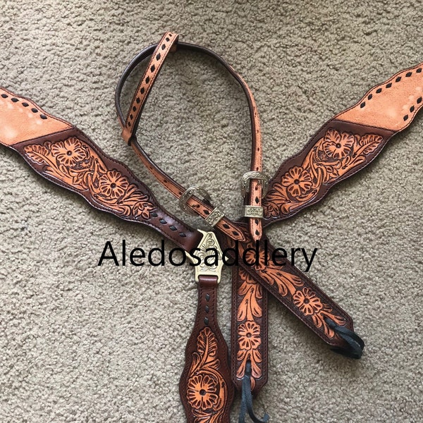 Western Two Tone Hand Carved Tack set of headstall and breast collar