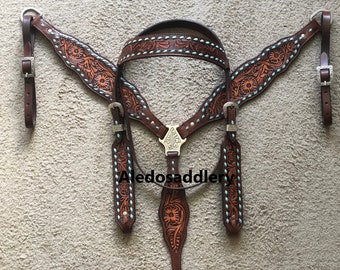 Western Horse Hair on Leather Tack Set One Ear Bridle + Breast