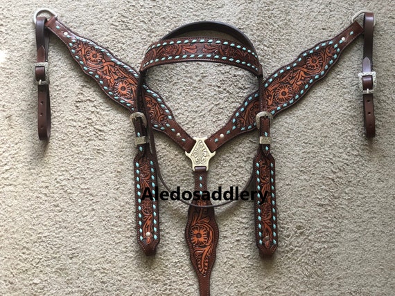 Western Dark Brownleather Tack Set of Headstall and Breast 