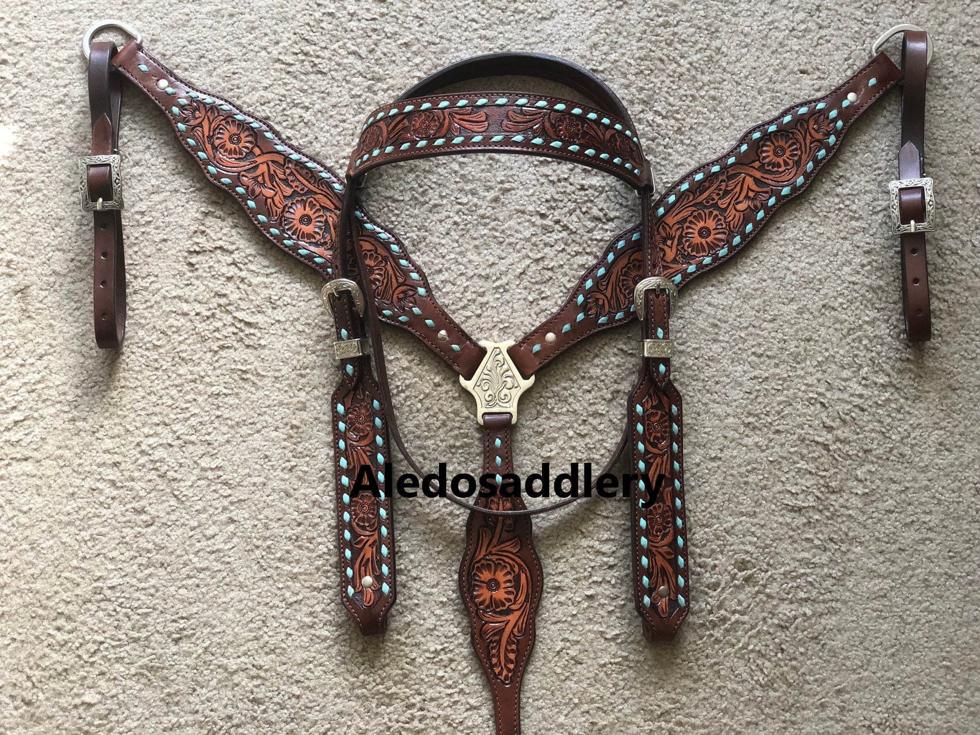 Western Brown Leather Bling Tack Set of Headstall & breast Collar 