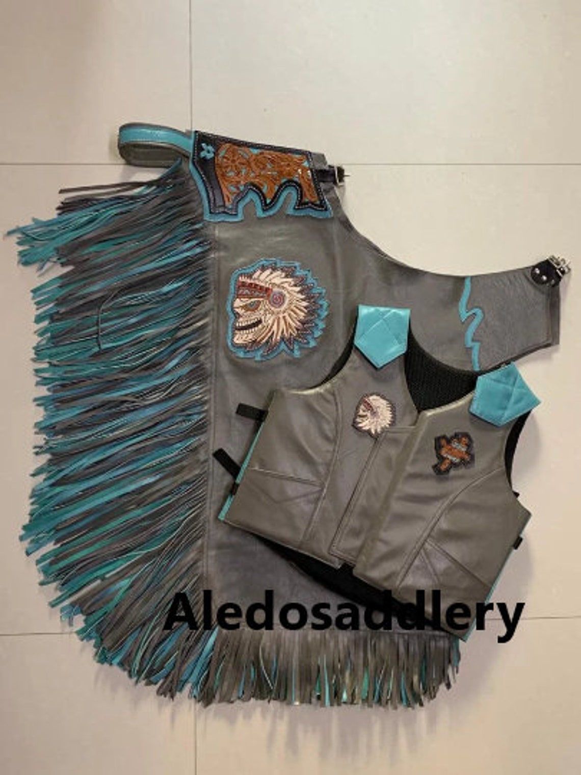Western Grey Top Grain Leather Bull Riding Rodeo Chaps and Vest With ...