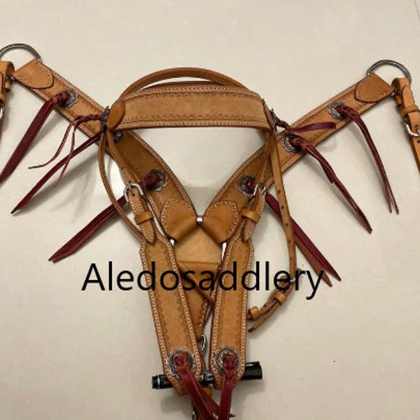 Western Natural Leather Hand Tooled tack Set of Headstall and Breast collar with String Knots