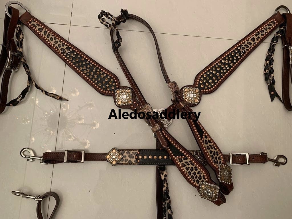 Western Dark Brownleather Tack Set of Headstall and Breast 