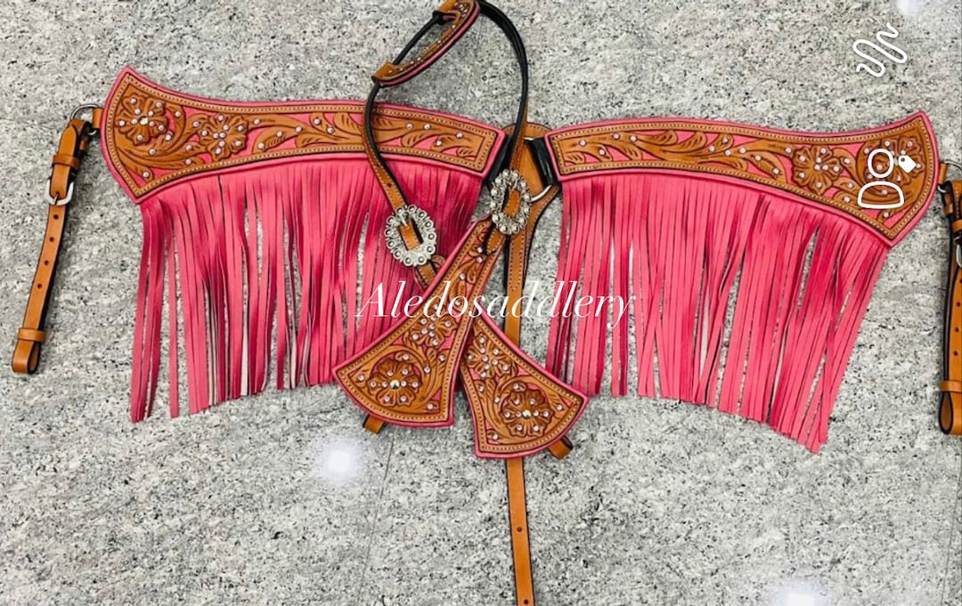 Set Poggiatesta E Collare Seno Western Aledo Saddlery – Pelle Naturale Con Cuori Rosa E Strass, Stile Bling