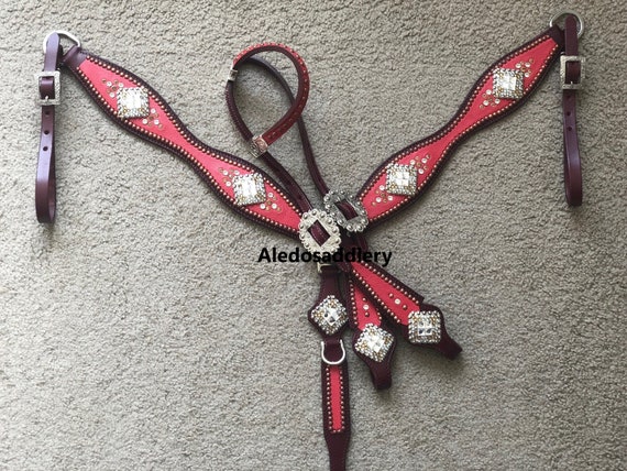 Western Brown Leather Bling Tack Set With Red & Brown Printed