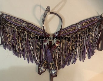 Western brown Leather tack Set of Headstall and Breast Collar with Purple and Cheetah overlay
