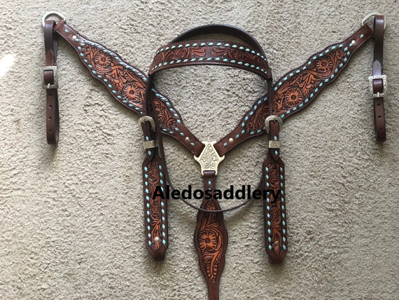 Western Brown Leather Tack Set of Headstall and Breast Collar -  Norway