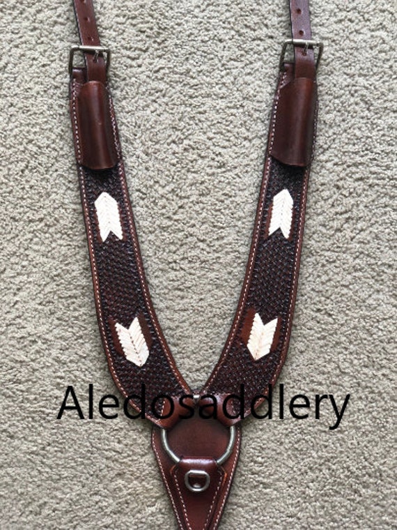 Western Dark Brown Leather Hand Carved Buck Rawhide weaved Pulling Collar By Aledo-saddlery