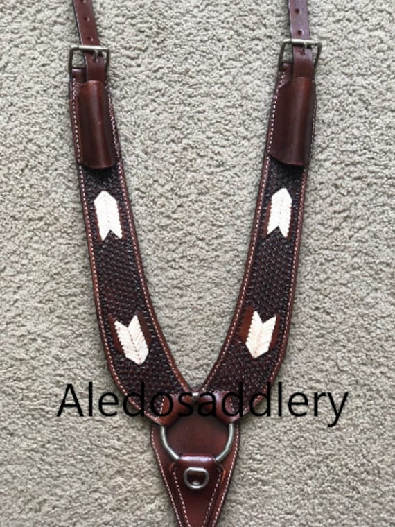 Western Dark Brown Leather Hand Carved Buck Rawhide weaved Pulling Collar By Aledo-saddlery