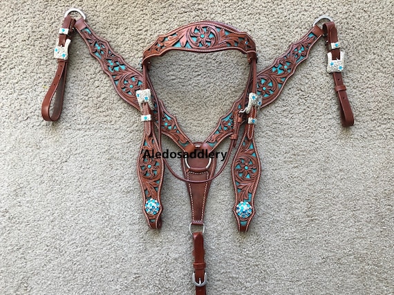 Western Brown Leather Tack set of Headstall & Breast collar with LV Inlay