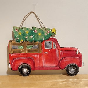 Hand-painted Christmas Decor X-Mas Tree Red Truck Sign Personalized Custom Hanging Welcome Sign