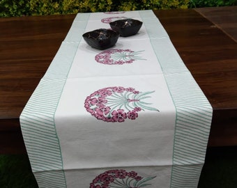 Special Block Printed, Indian Cotton, Table Runner, with Floral Motifs, 13 inch x 72 inch.
