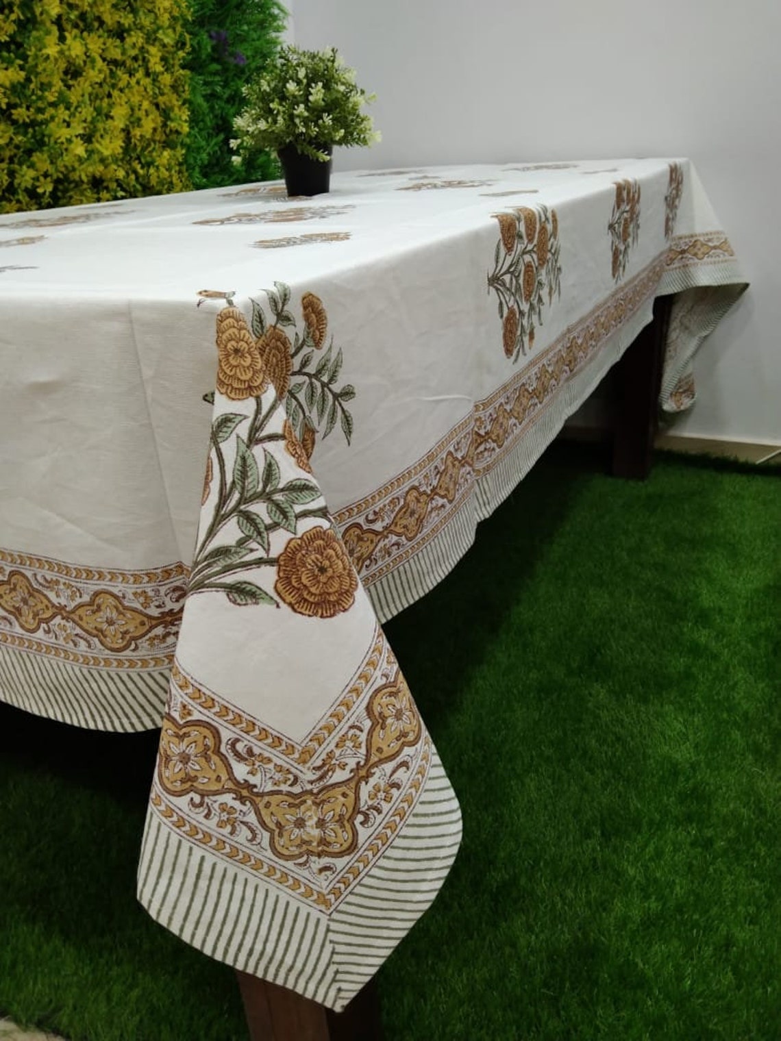 Brown Block Printed Indian Cotton Tablecloths with Floral Etsy