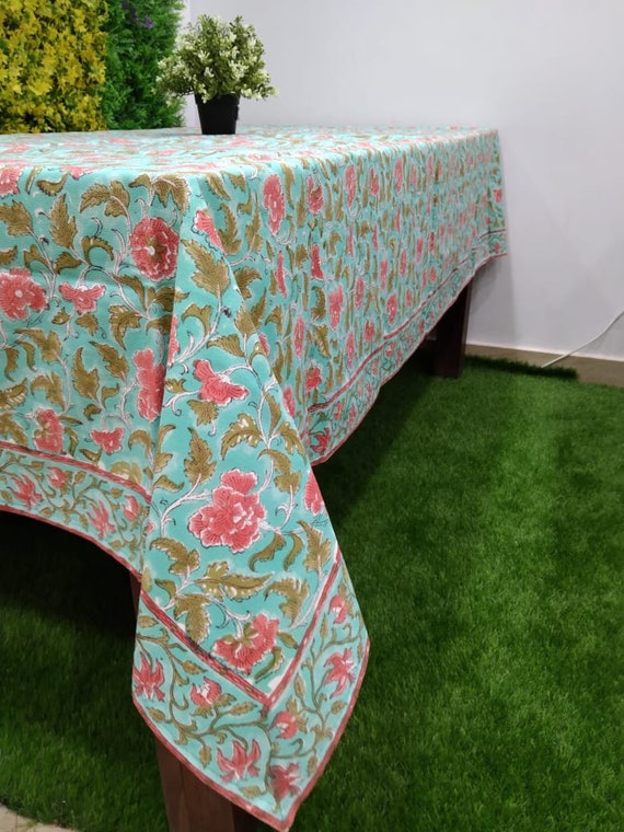 Hand block printed in Jaipur Peach Pink Green Tablecloth Rectangle Indian Cotton Tablecloth 100% Cotton Striped Patterned 4-6 seater Hand block printed in Jaipur Peach Pink Green Tablecloth Rectangle Indian Cotton Tablecloth 100% Cotton Striped Patterned 4-6 seater