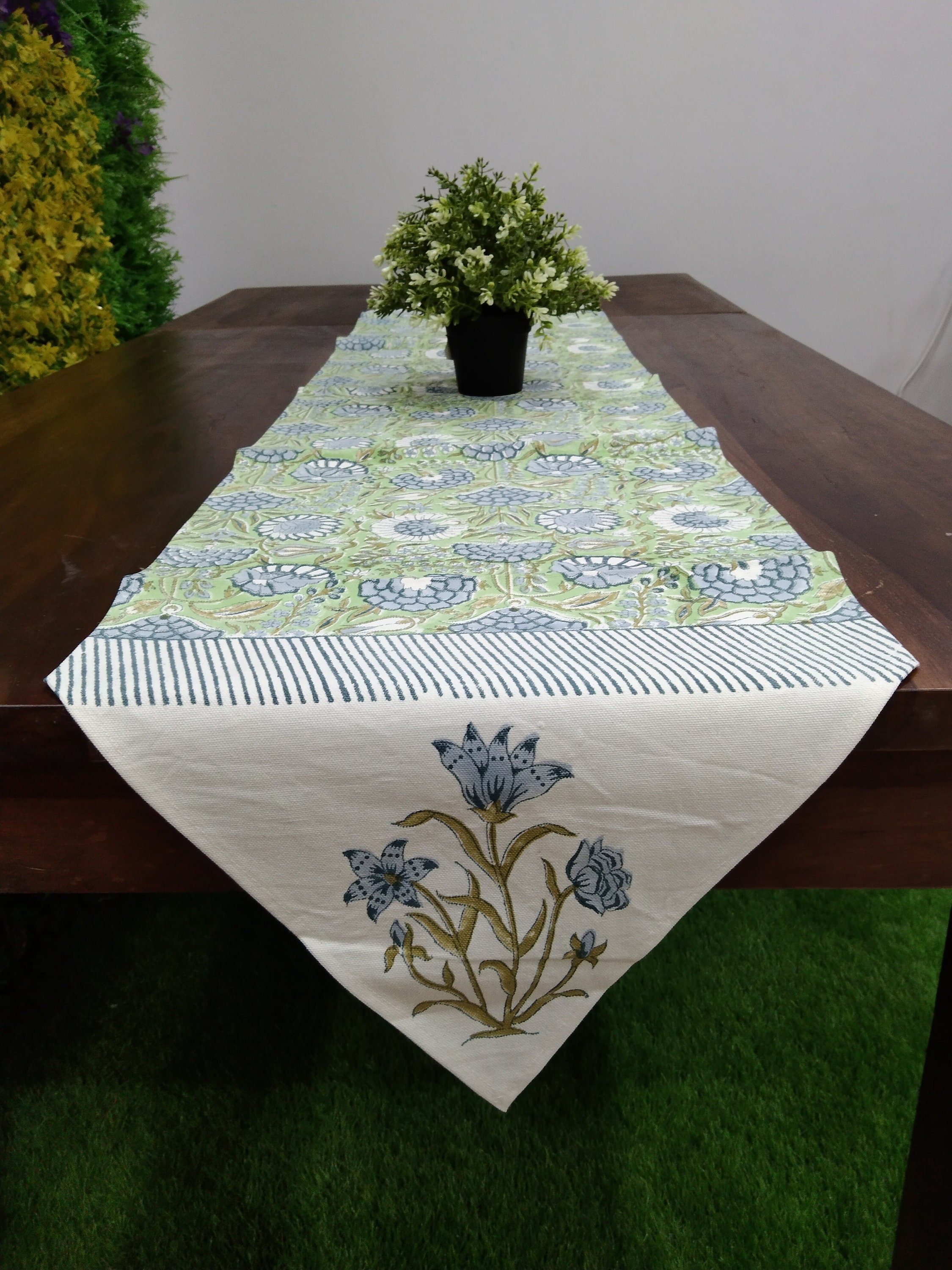 Green Block Printed Indian Cotton Table Runner with Floral Etsy