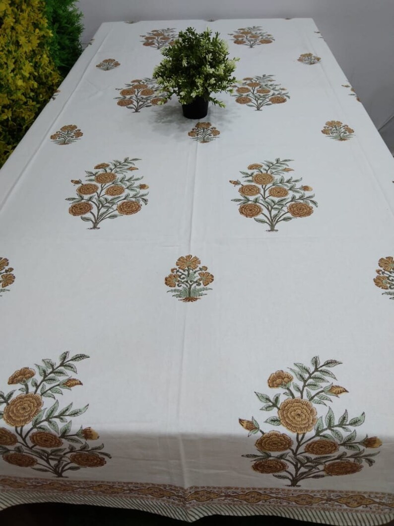 Brown Block Printed Indian Cotton Tablecloths With Floral Etsy