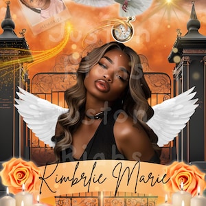 Plantilla editable de Canva conmemorativa naranja / Descansa en el cielo / Fondo de funeral / Archivo PNG incluido / Descansa en paz / En memoria amorosa /