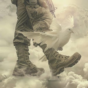 May include: A soldier in camouflage pants and boots walks through clouds with a white dove flying beside him.