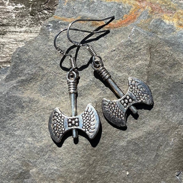 Valhalla earings, Thors Axe, double headed axe, weapons, Viking earrings. stainless steal hook
