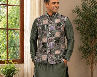 Stylish Men’s 3-Piece Olive Green Shade Kurta Pajama Set with Embroidered Sequins Jacket, Silk Ethnic Wear for Wedding & Festive, KPJ-2034