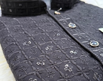 Classic Kurta Pajama Set for Man in Black Shade, Chikankari Embroidery with Sequins Pattern, Indian Party wear,  Plus Size, KP - 1820
