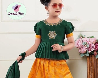 Gorgeous Girl Silk Traditional Pattu Pavadai Green/Yellow Lehnga Choli, South Indian Style, Design GRL -1051